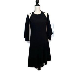 SCRIPTED M Cold Shoulder Bell Sleeve Little Black Dress Asymmetrical